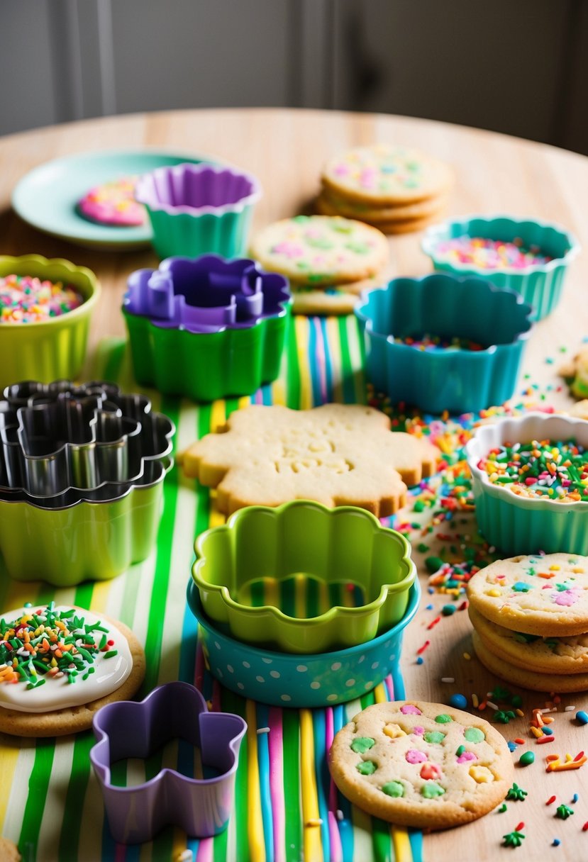 A table set with various garden-themed cookie cutters, surrounded by colorful icing, sprinkles, and freshly baked cookies