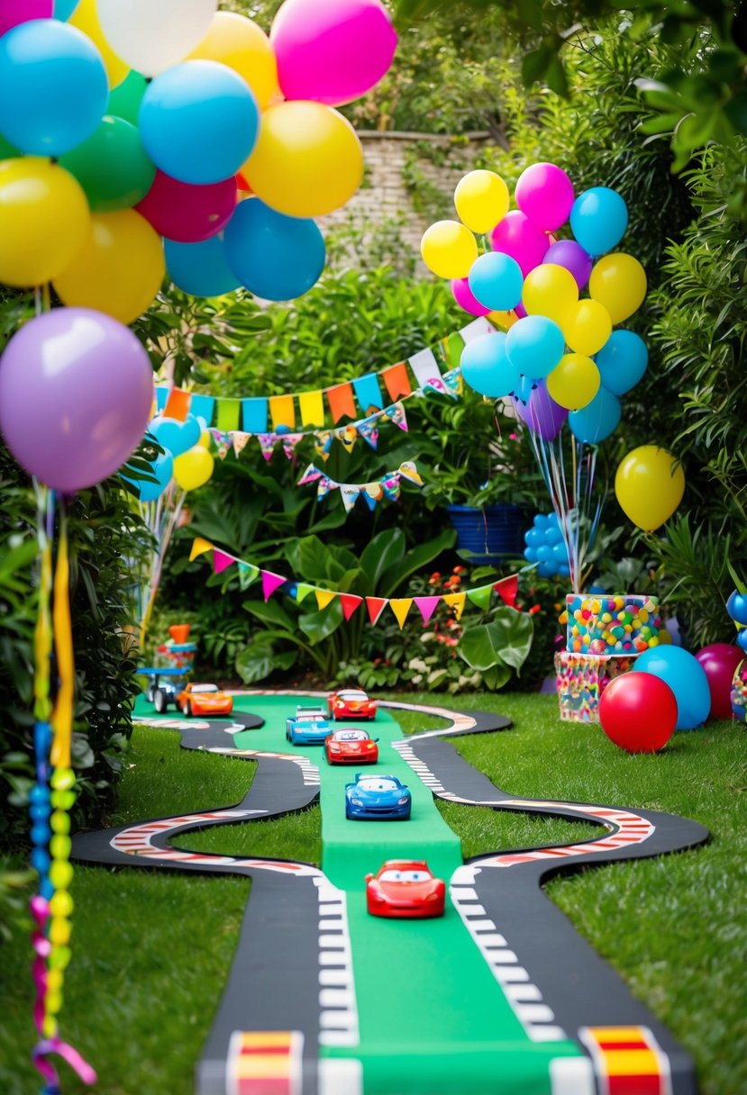 A vibrant car race track winds through a lush garden, surrounded by colorful balloons and festive decorations for a 2-year-old boy's birthday party