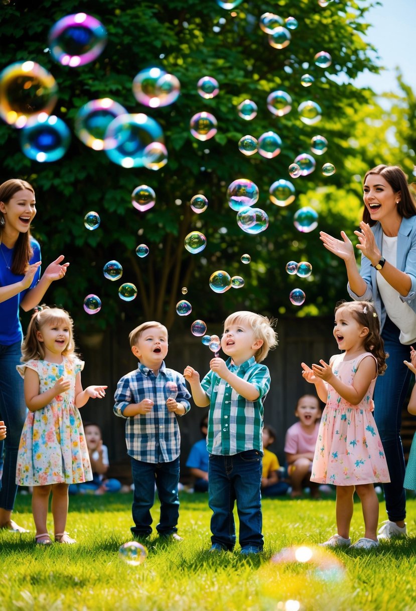 A sunny garden filled with colorful bubbles floating in the air, surrounded by excited children and parents cheering on a bubble blowing contest for a 2 year old boy
