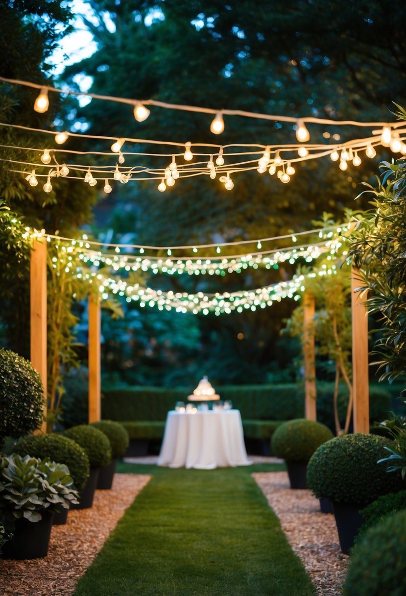 A lush garden adorned with delicate string lights, creating a warm and inviting atmosphere for a festive party