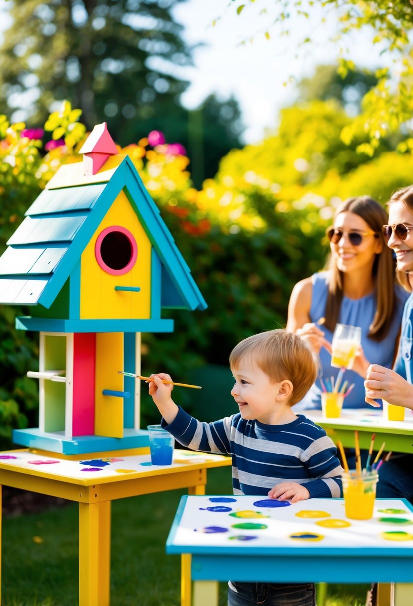 A sunny garden with a colorful birdhouse, surrounded by small tables with paint and brushes. A 2-year-old boy happily painting, while adults watch and sip drinks