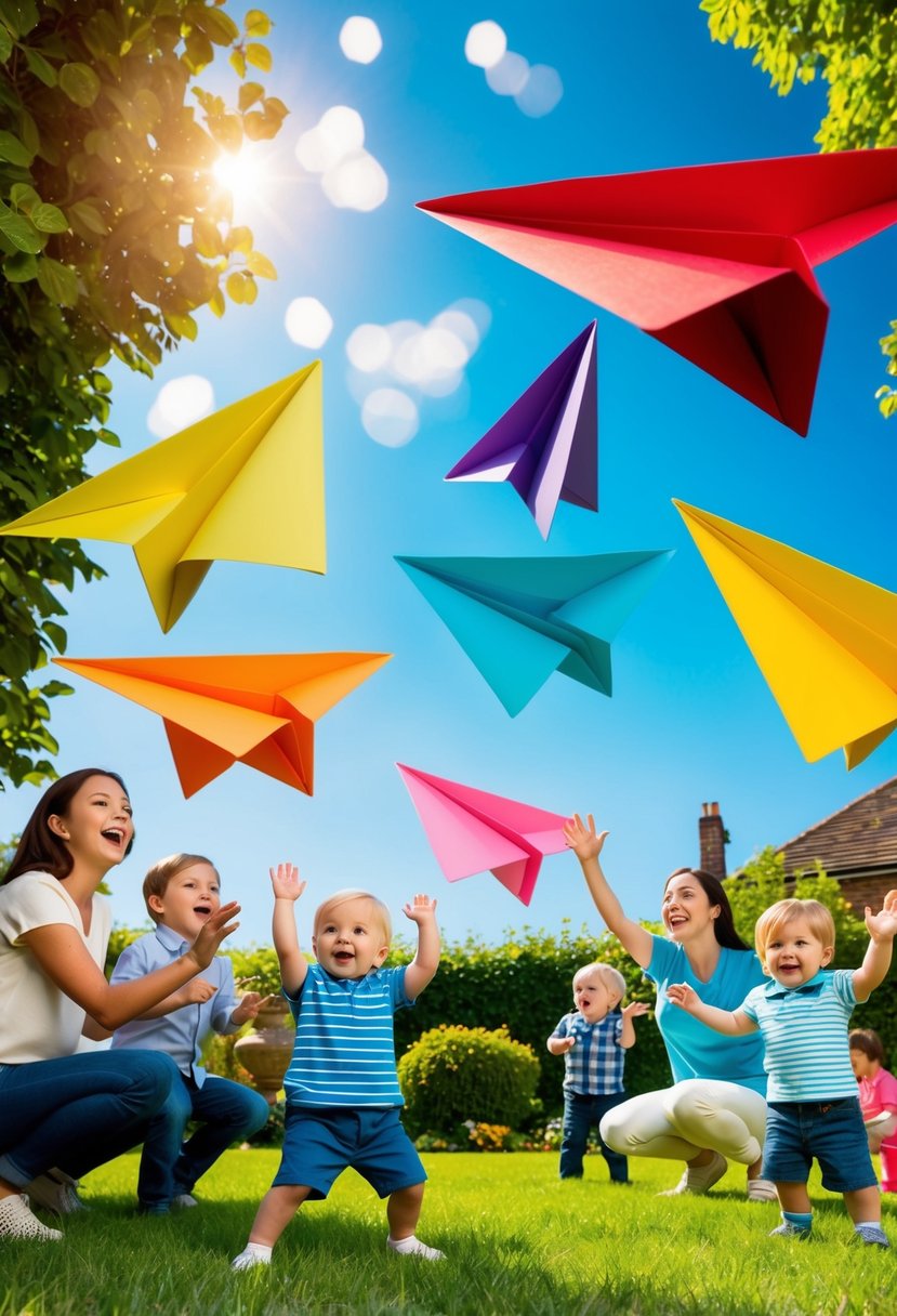 Colorful paper airplanes soaring over a vibrant garden, surrounded by excited toddlers and parents cheering on the 2 year old boys
