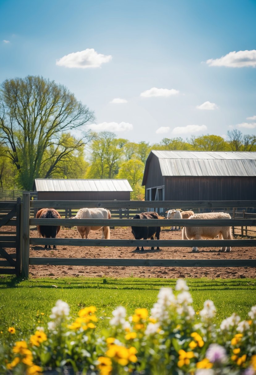 A sunny barnyard with a wooden fence, blooming flowers, and grazing animals