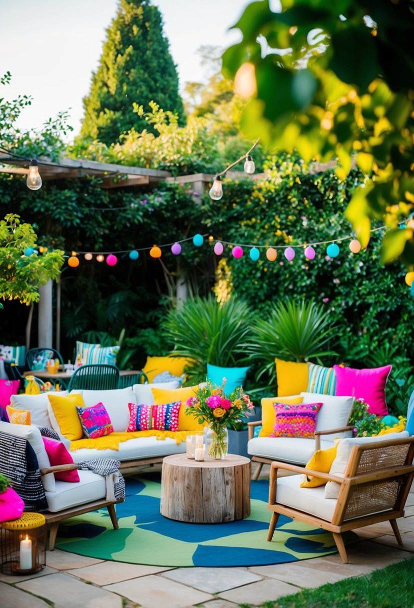 A lush garden with a mix of modern and rustic outdoor furniture, adorned with colorful cushions and vibrant decorations for a lively party atmosphere