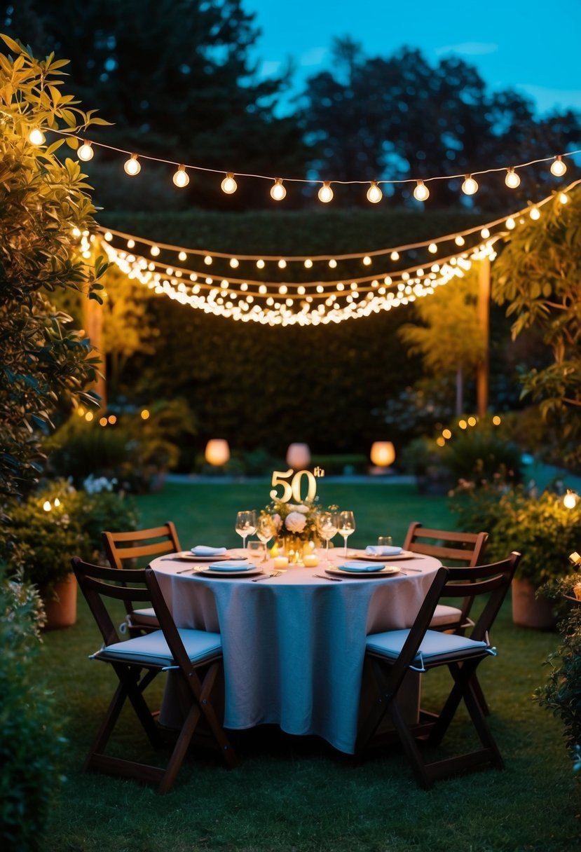 A lush garden at dusk with warm string lights creating a cozy and festive ambiance for a 50th birthday celebration
