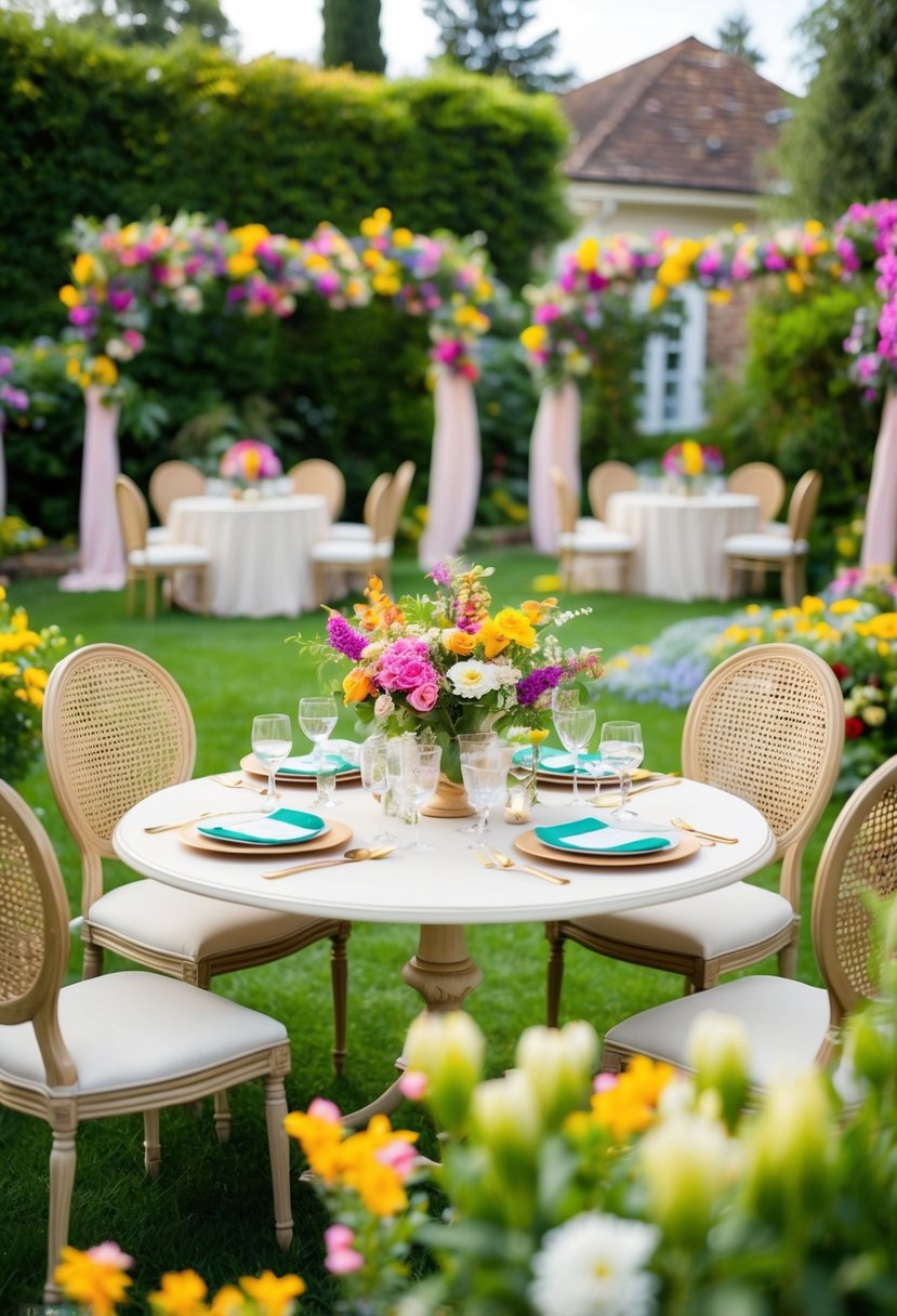 A lush garden with colorful flowers and elegant outdoor furniture, adorned with personalized invitations and festive decorations for a charming garden party