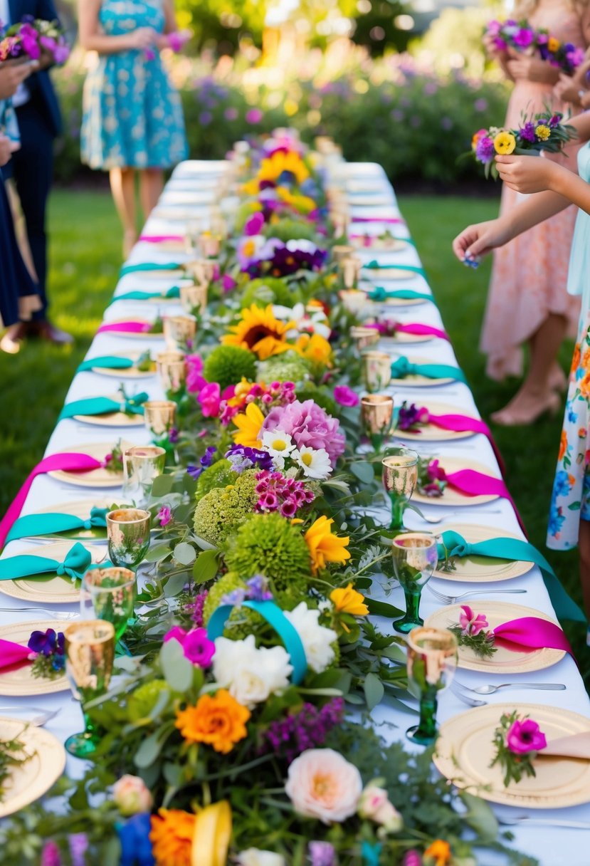 A table with an array of colorful flowers, greenery, and ribbons arranged for guests to create their own flower crowns at a vibrant garden party