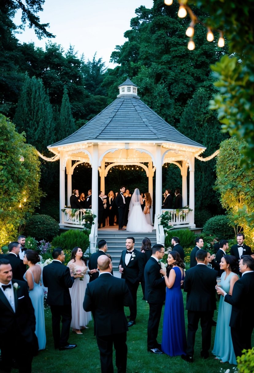 A lush garden with a grand gazebo adorned with twinkling lights, surrounded by elegant black tie-clad guests mingling and enjoying the evening