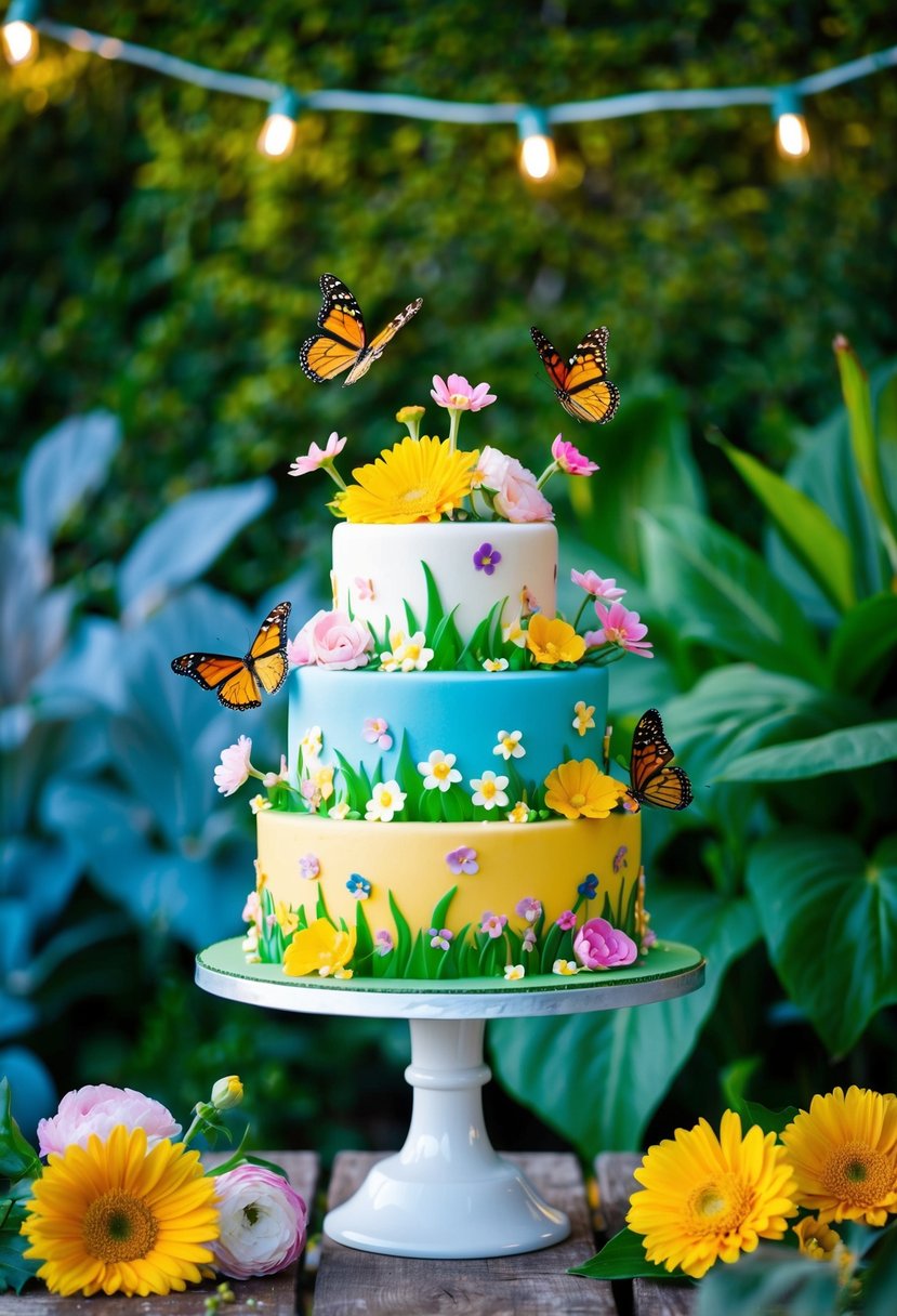 A colorful garden-themed cake surrounded by blooming flowers and butterflies, set against a backdrop of lush greenery and twinkling string lights