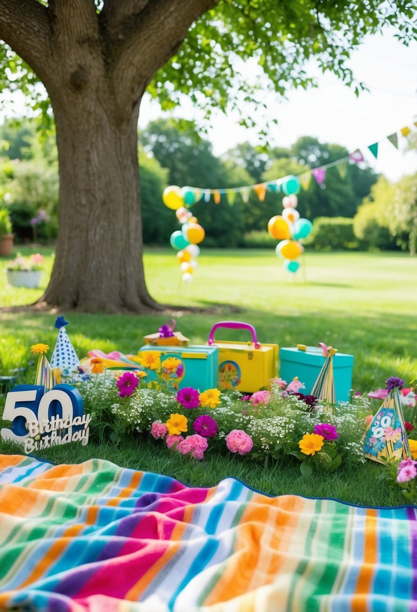 A colorful picnic blanket spread out under the shade of a tree, surrounded by blooming flowers and garden decorations for a 50th birthday celebration
