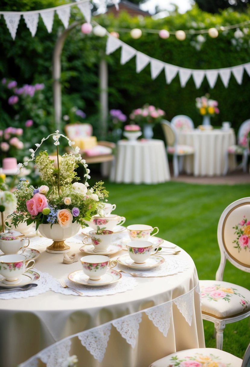 A charming garden adorned with vintage teacups, floral tablecloths, and delicate lace bunting for a 50th birthday tea party celebration