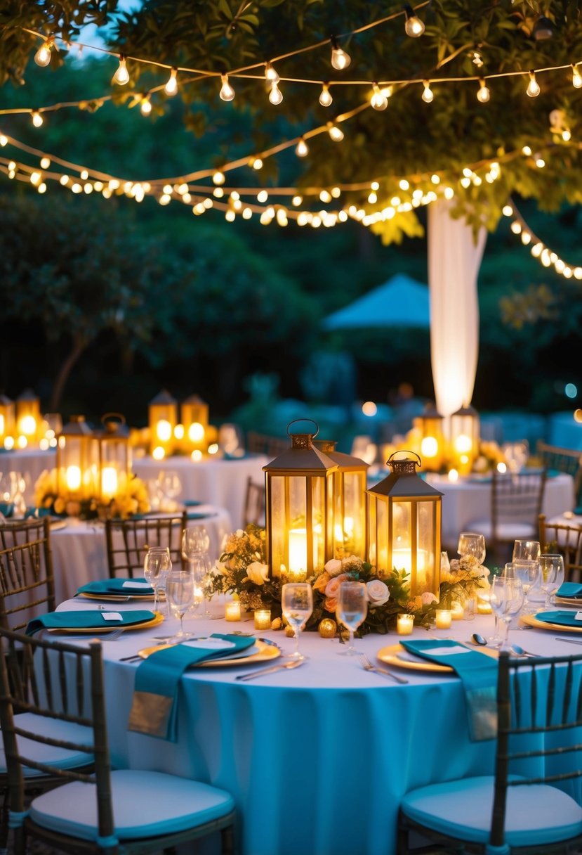 A lush garden with glowing lantern centerpieces illuminating a 50th birthday celebration. Tables adorned with flowers and twinkling lights create a magical atmosphere