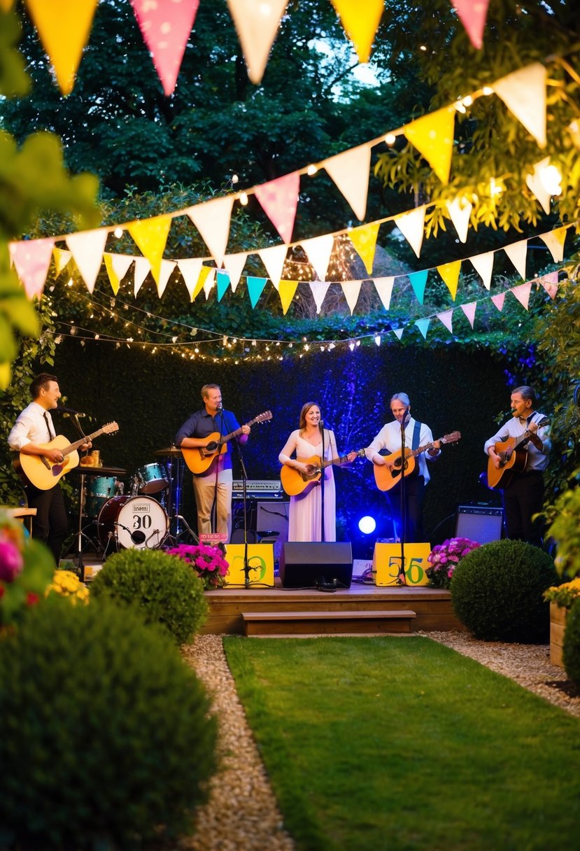 A cozy garden filled with twinkling lights, colorful bunting, and a stage with musicians playing acoustic instruments for a 50th birthday celebration