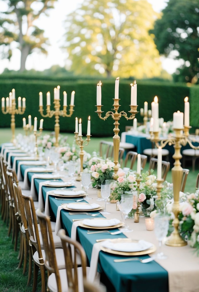 A long table adorned with vintage candelabras and floral arrangements for a garden party
