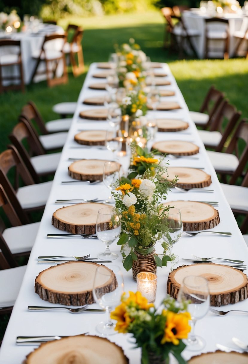 A long table adorned with rustic wood slice centerpieces at a garden party