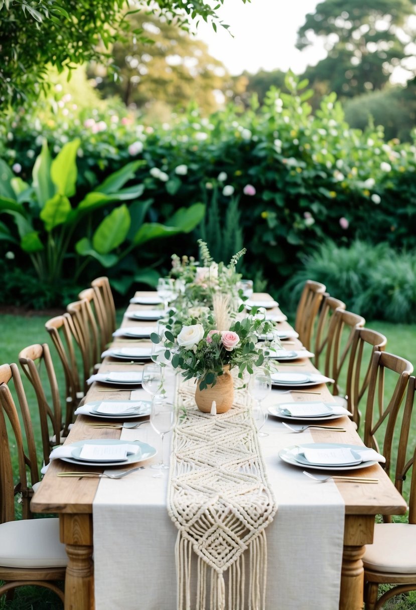 A long table adorned with boho macrame table runners and surrounded by lush garden foliage, set for an elegant garden party