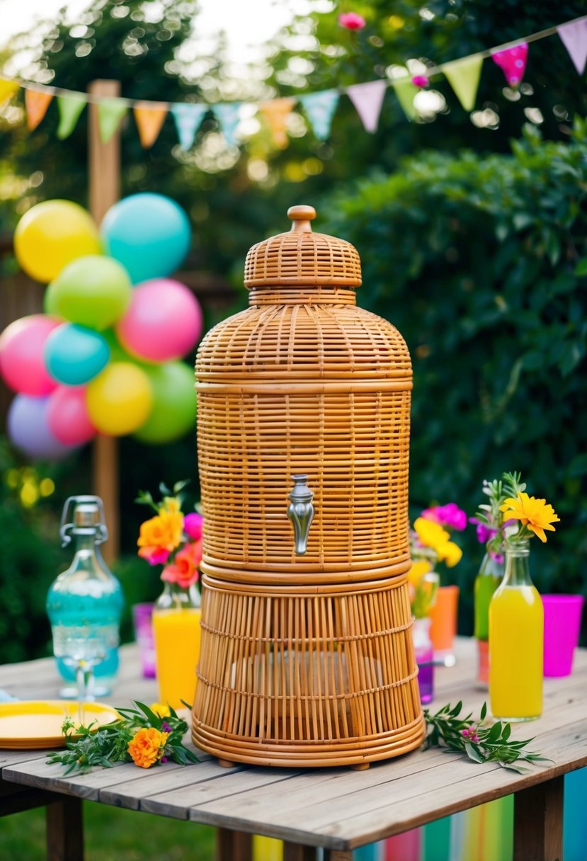 A rattan drink dispenser sits on a wooden table surrounded by colorful garden party accessories and greenery