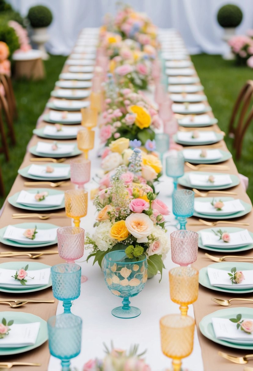 A long table adorned with pastel-colored glassware and floral decorations for a whimsical garden party