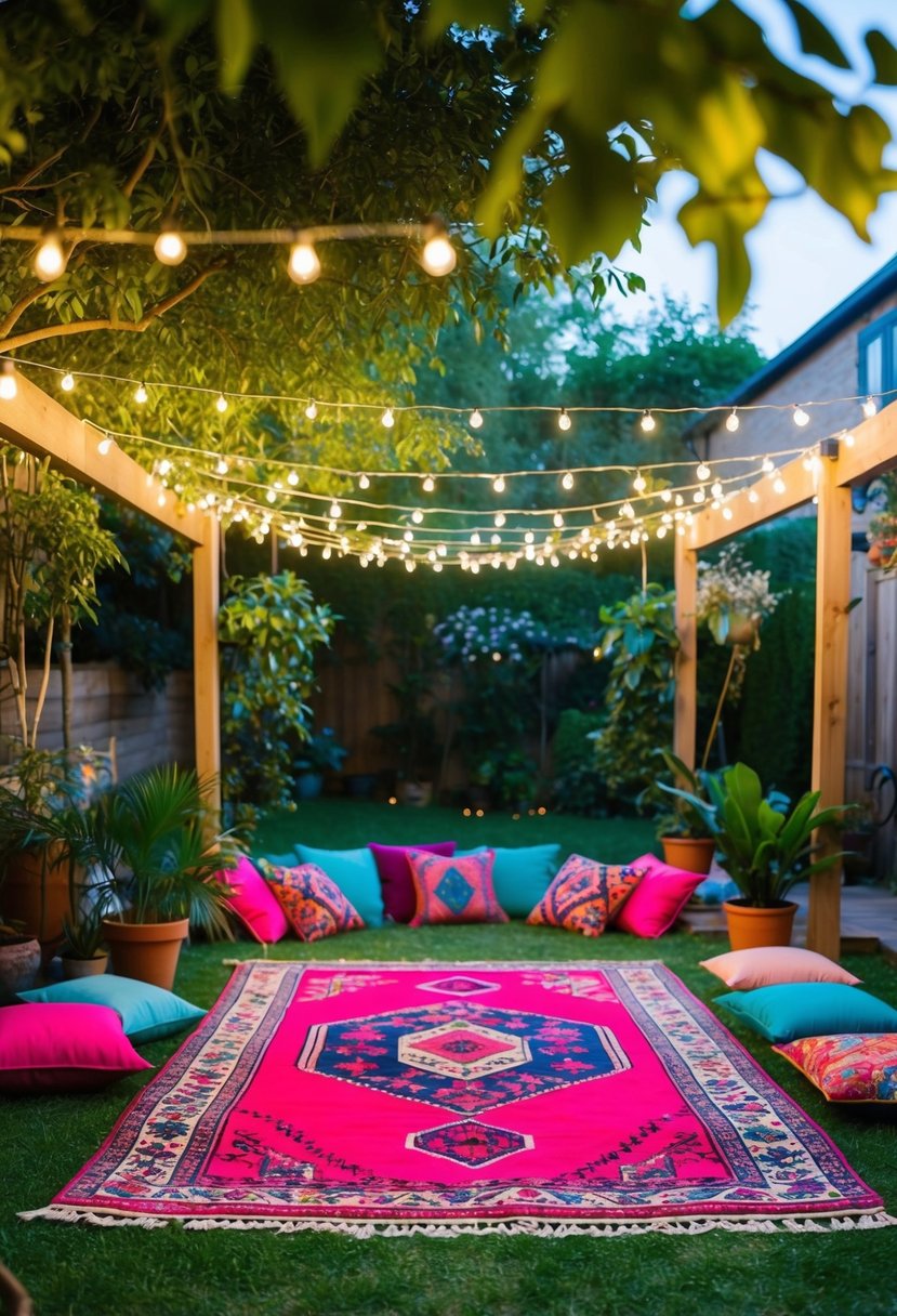 A bohemian outdoor rug lies under a canopy of string lights, surrounded by potted plants and colorful floor cushions for a garden party