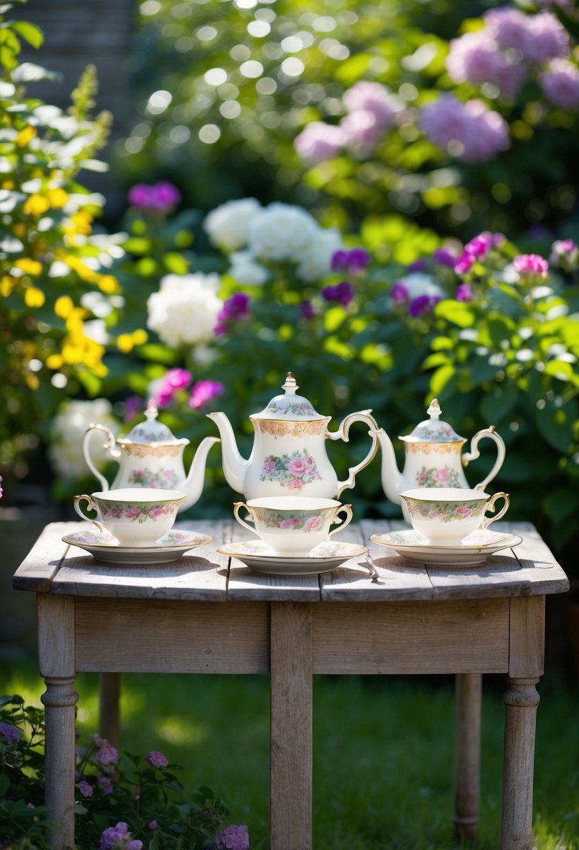 A vintage tea set arranged on a rustic wooden table in a lush garden setting, surrounded by blooming flowers and dappled sunlight