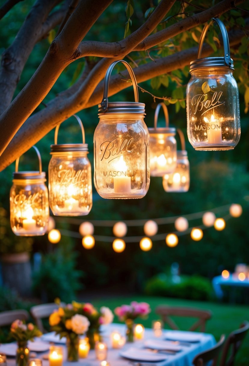 A garden party scene with mason jar lanterns hanging from tree branches, casting a warm glow over a table set with flowers and candles