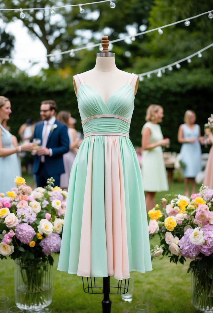 A garden party with blooming flowers and a pastel midi dress on a mannequin