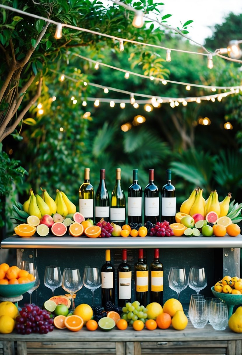 A colorful array of fresh fruit, wine bottles, and glassware arranged on a rustic outdoor bar, surrounded by lush greenery and twinkling lights