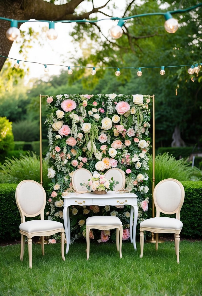 A garden-themed photo booth with floral backdrop, vintage furniture, and hanging fairy lights in a lush outdoor setting