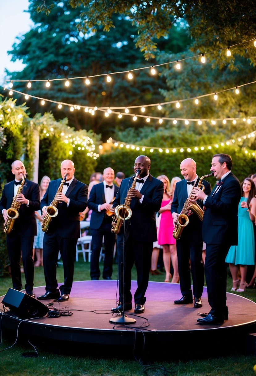 A jazz quartet performs on a lush garden stage, surrounded by twinkling lights and a lively crowd of partygoers