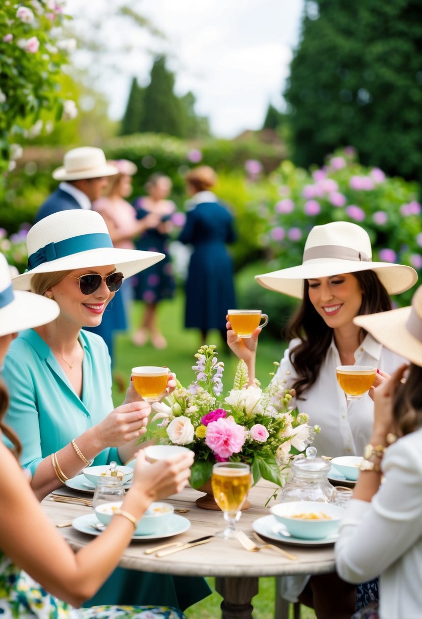 A garden party with guests wearing wide-brim hats, sipping tea, and admiring the blooming flowers