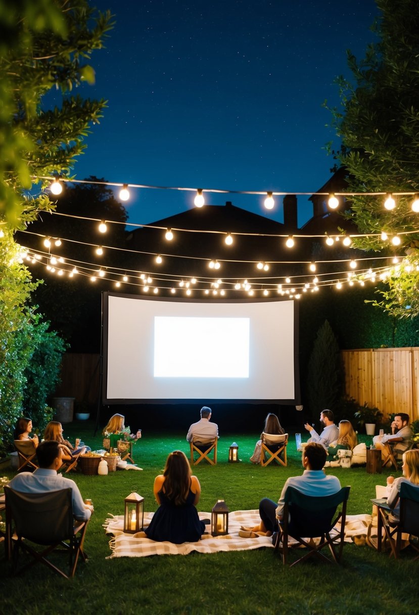 A garden party at night, with a large screen set up in the backyard. String lights and lanterns illuminate the space, while guests sit on blankets and chairs, enjoying a movie under the stars