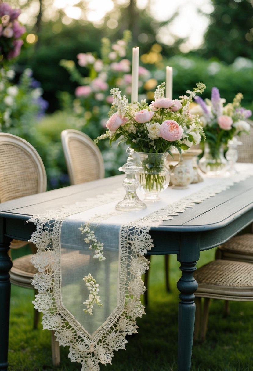 A garden table adorned with antique lace runners, surrounded by blooming flowers and vintage decor