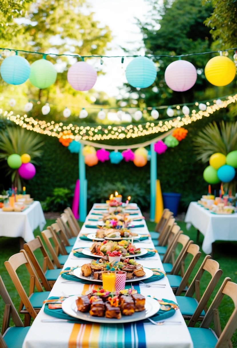 A colorful garden setting with a long table adorned with gourmet BBQ delights, surrounded by festive decorations and twinkling lights for an adult birthday celebration
