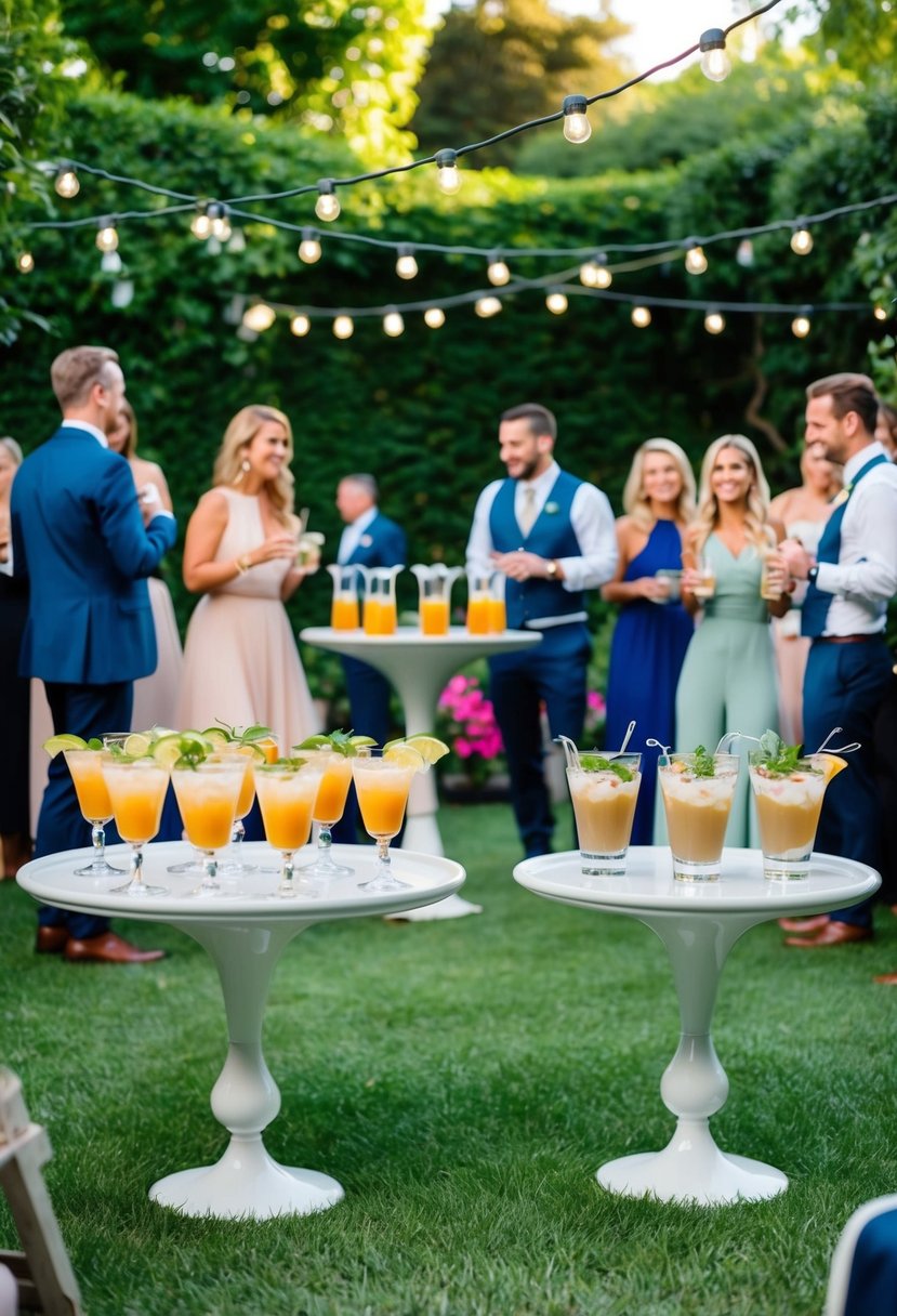 A lush garden setting with elegant cocktail tables, string lights, and a variety of signature drinks on display. Lively chatter and laughter fill the air
