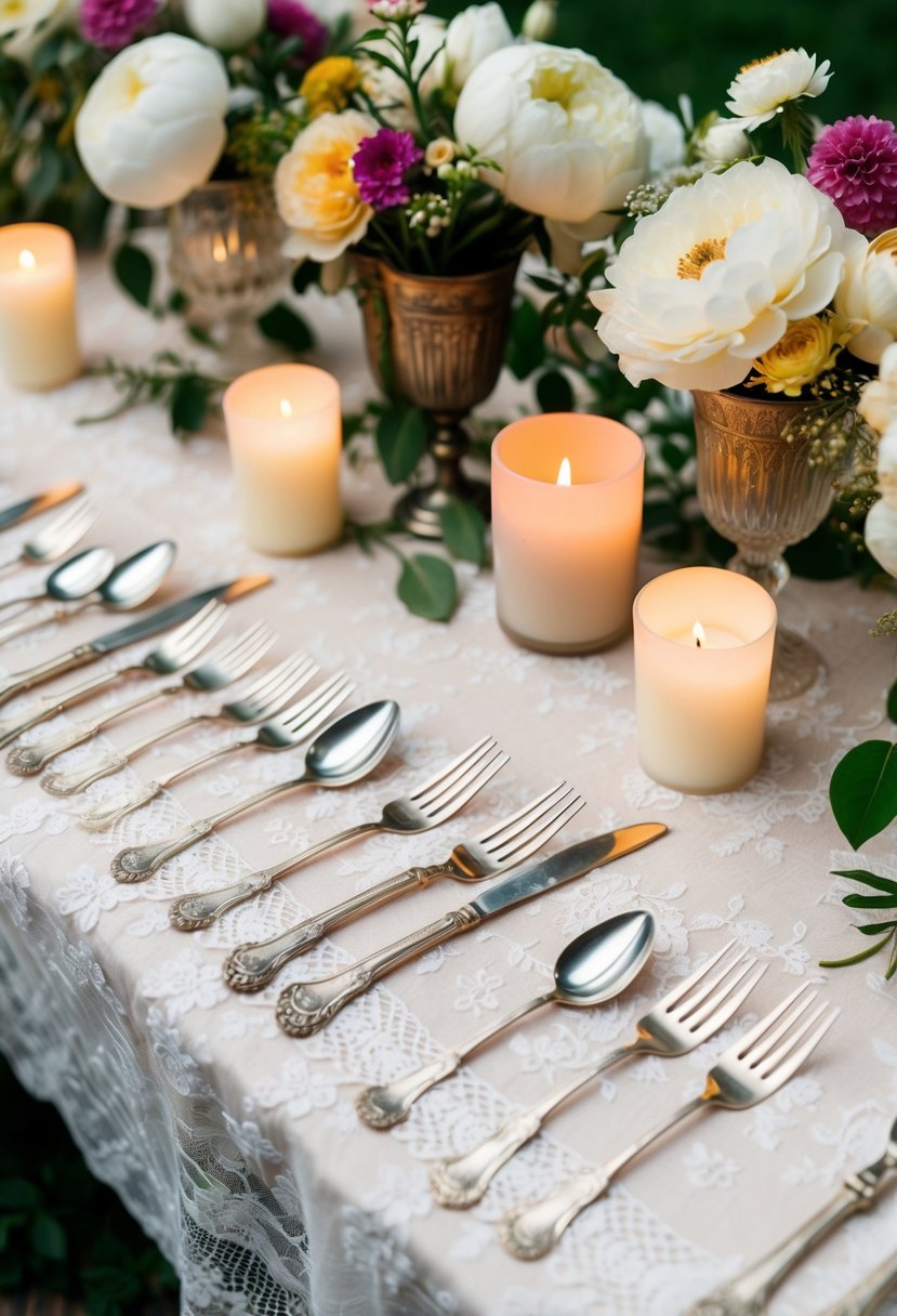 A vintage silverware set arranged on a lace tablecloth amidst blooming flowers and decorative candles, evoking a romantic garden party wedding ambiance