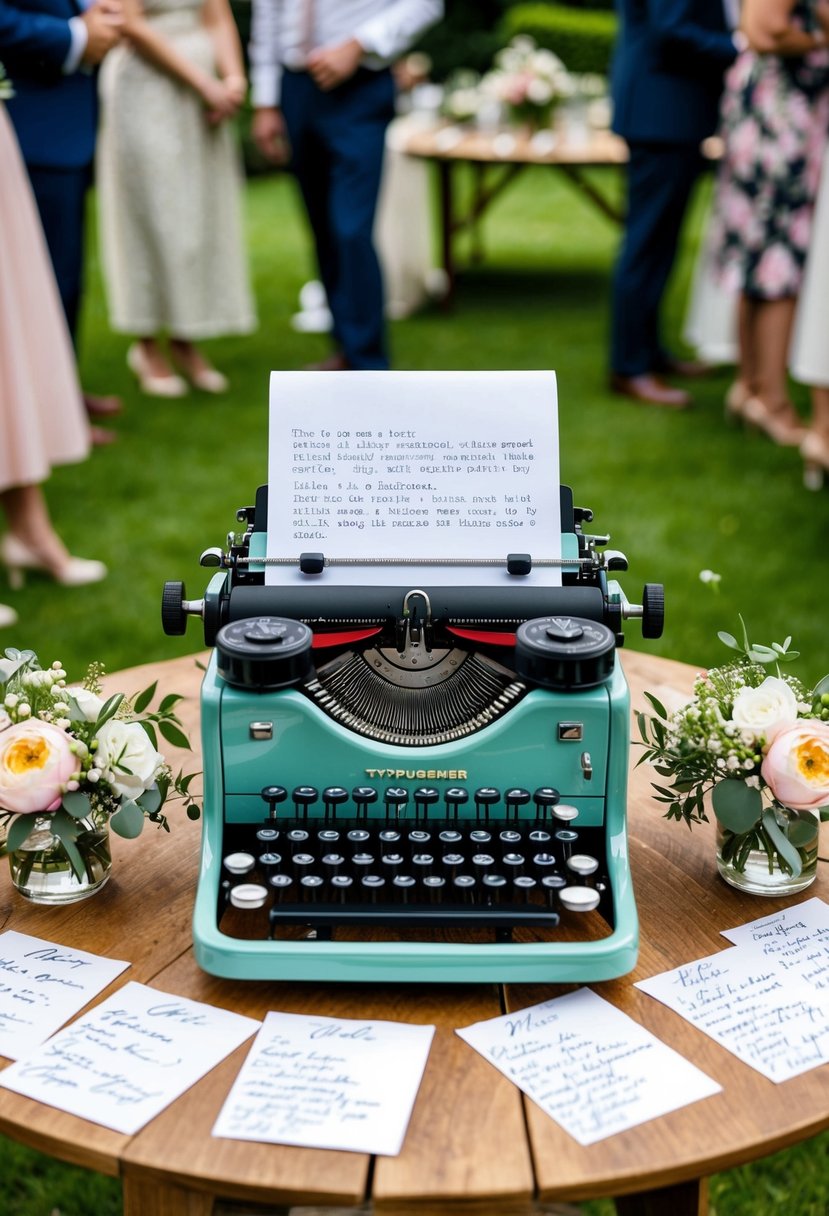 A vintage typewriter sits on a wooden table adorned with flowers, surrounded by guests' handwritten notes at a garden party wedding