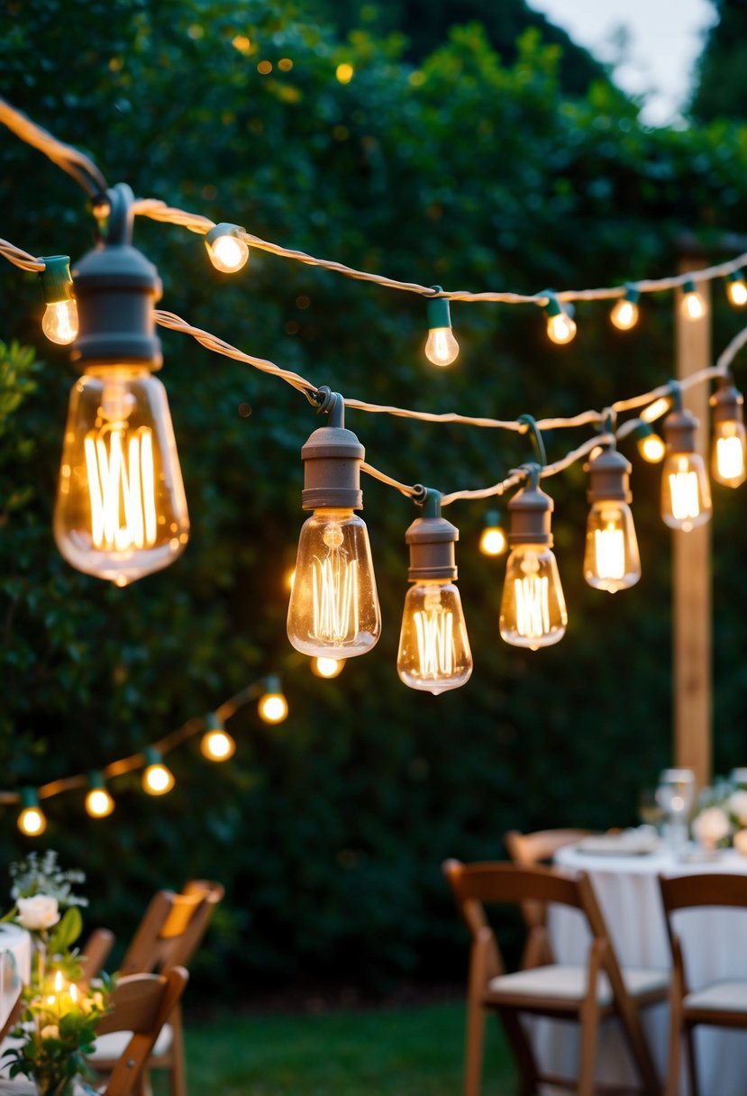 A garden adorned with vintage string lights and Edison bulbs creates a warm and romantic atmosphere for a wedding celebration