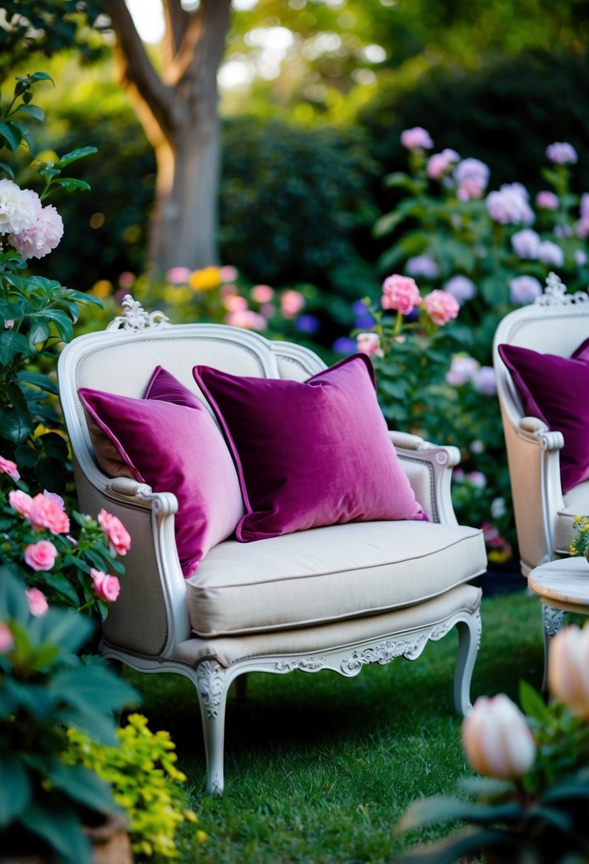 A lush garden setting with elegant velvet throw pillows adorning ornate outdoor furniture, surrounded by blooming flowers and soft ambient lighting
