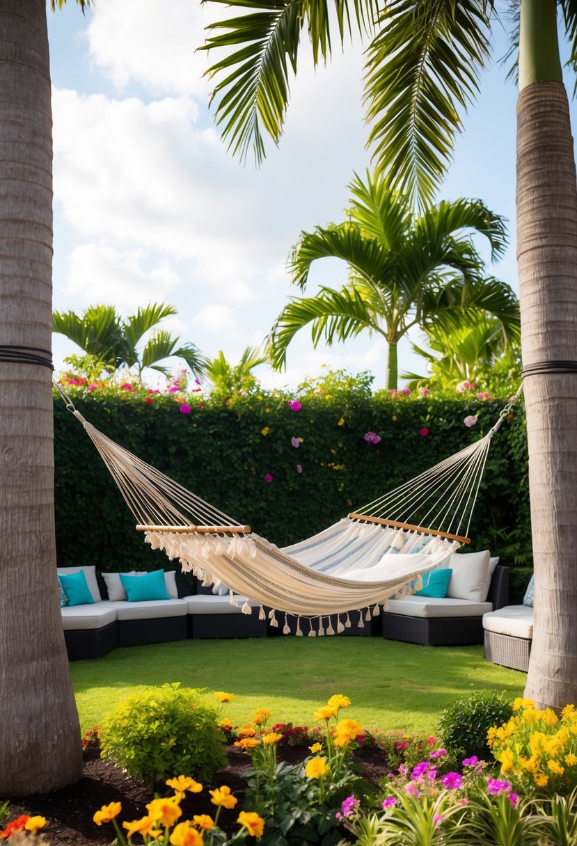 A hammock hangs between two palm trees in a lush garden, surrounded by colorful flowers and cozy seating areas