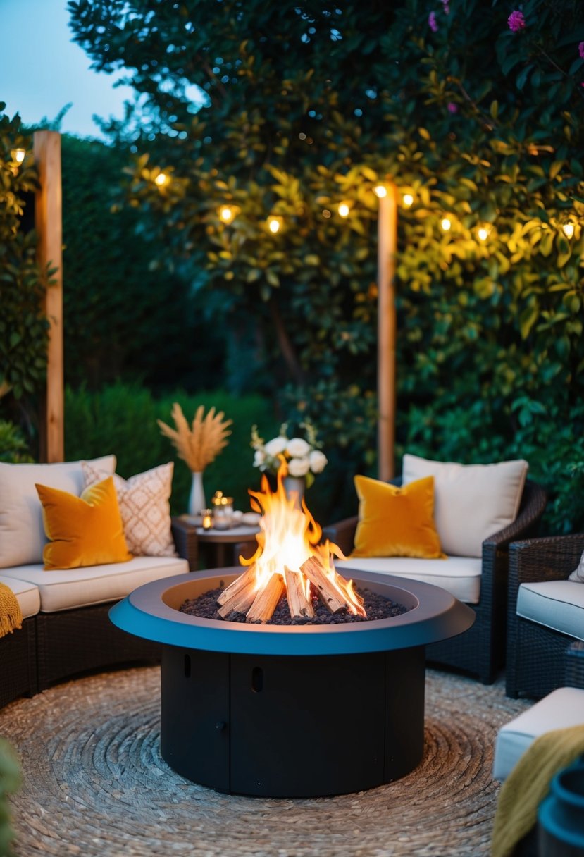 A fire pit surrounded by cozy seating, nestled in a lush garden corner with soft lighting and decorative elements for a relaxing outdoor party
