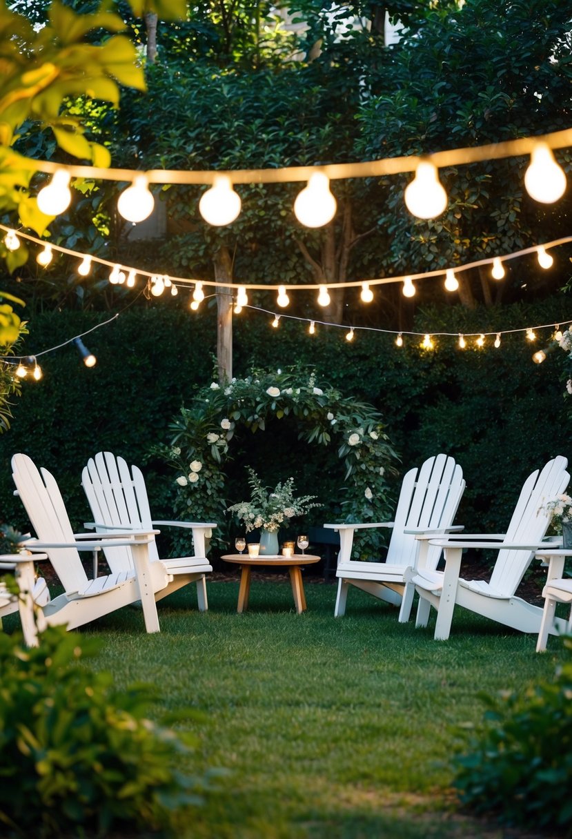 An inviting garden party setup with Adirondack chairs, surrounded by lush greenery and soft string lights, creating a cozy and relaxing atmosphere