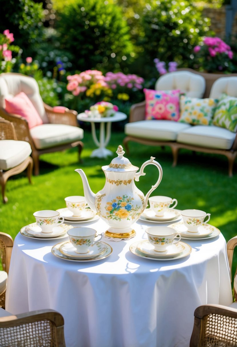 A vintage tea set arranged on a table in a lush garden, surrounded by blooming flowers and comfortable seating for a relaxing outdoor party