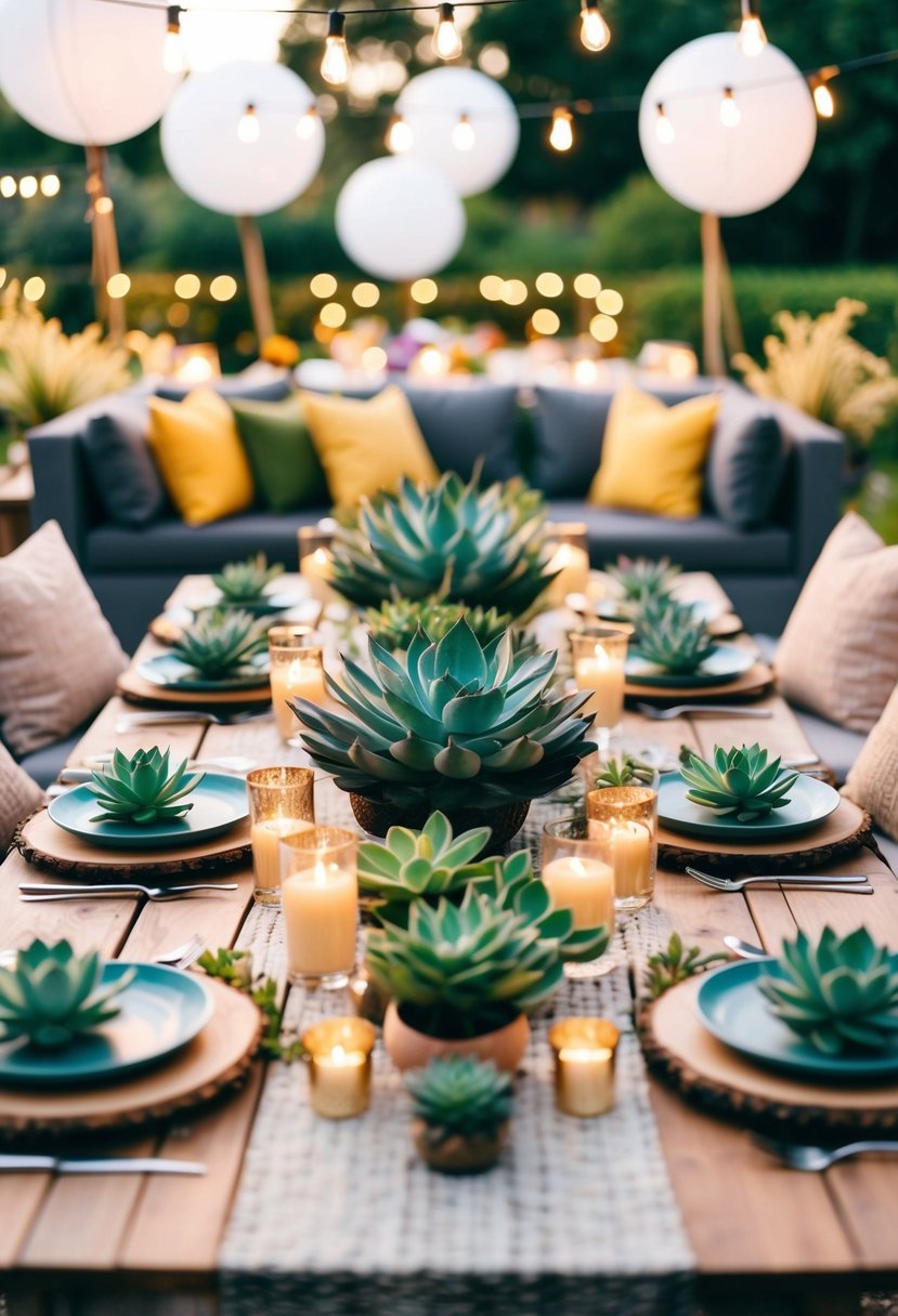 A table adorned with various succulent centerpieces, surrounded by cozy seating and soft lighting, creating a serene garden party relaxation area