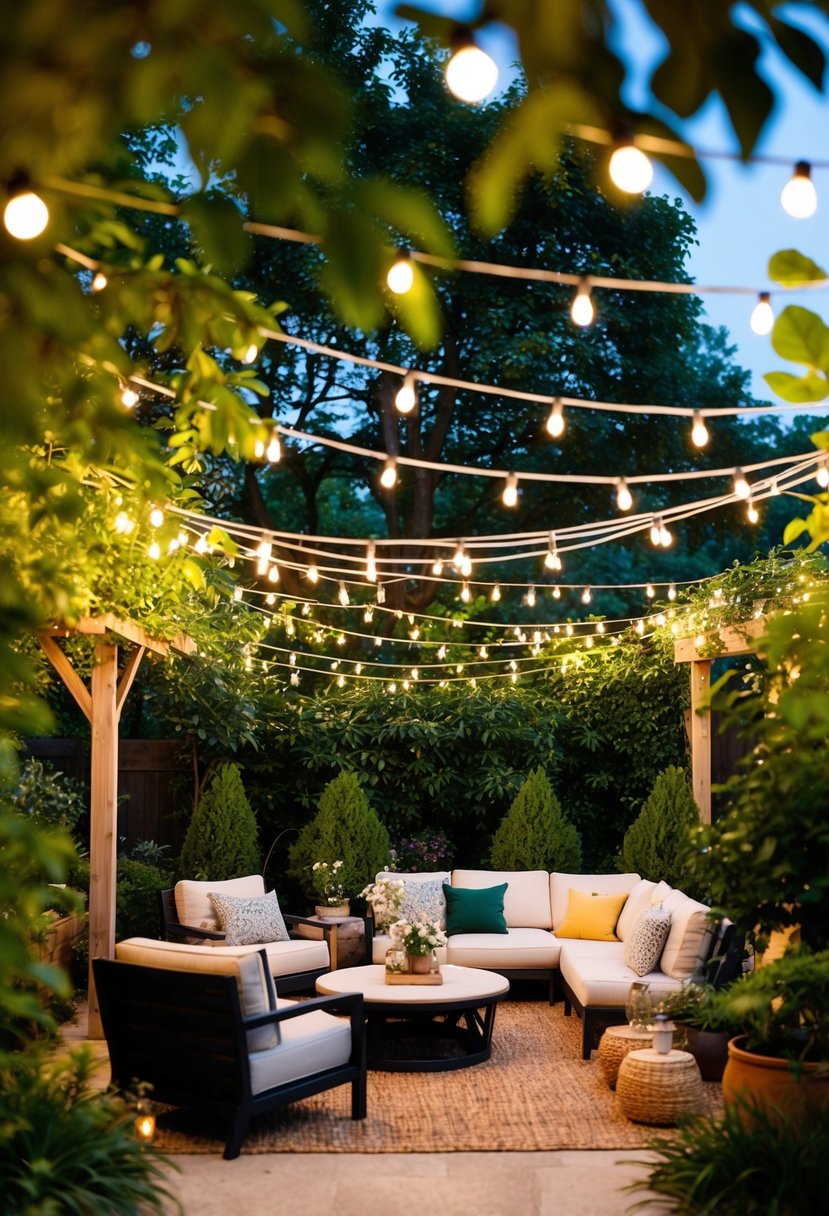 A cozy garden area with a canopy of string lights, surrounded by comfortable seating and lush greenery for a relaxing party atmosphere