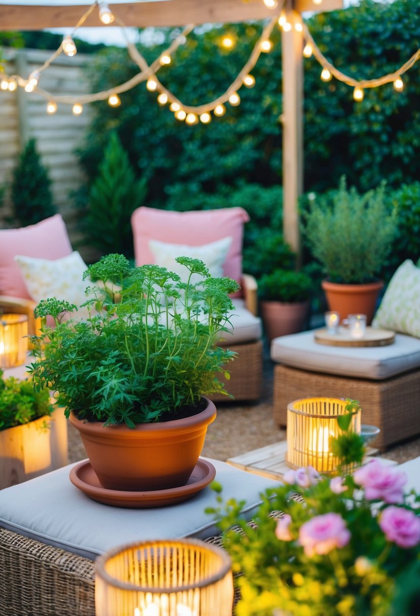 A cozy potted herb garden adorns a garden party relaxation area, with comfortable seating and soft lighting creating a tranquil atmosphere