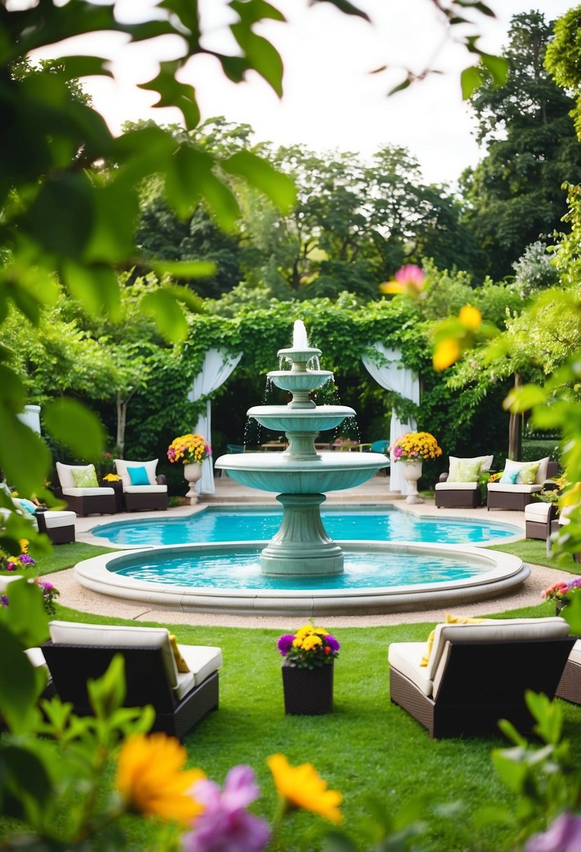 A serene garden party scene with a grand fountain as the centerpiece, surrounded by lush greenery, colorful flowers, and comfortable seating for relaxation