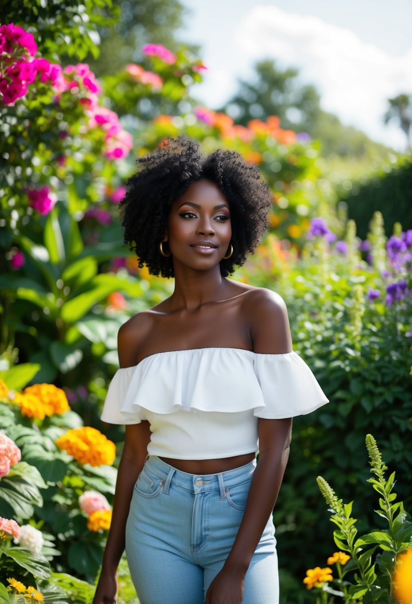 A black woman in an off-shoulder ruffle top stands amidst a lush garden, surrounded by vibrant flowers and greenery