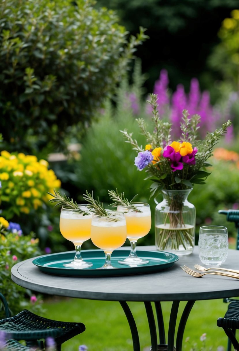 A garden table set with a tray of rosemary gin fizz cocktails, surrounded by lush greenery and colorful flowers