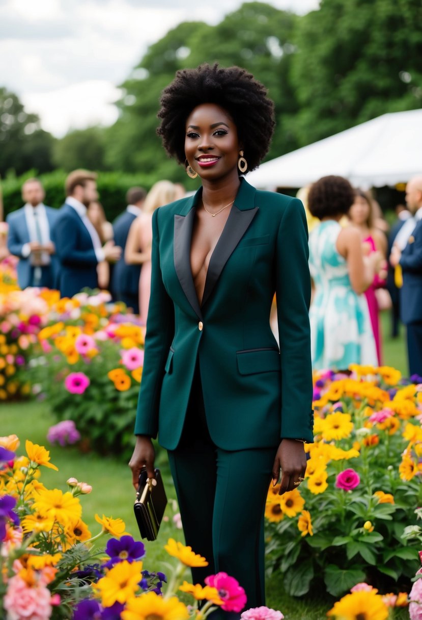 A black woman in a bold blazer suit stands among vibrant flowers at a garden party