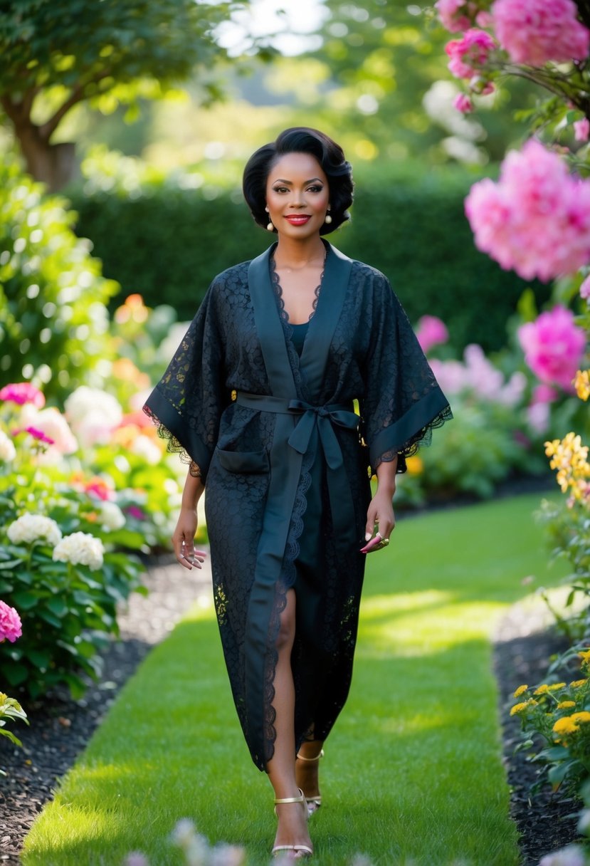 A black woman wearing a lace-trimmed kimono walks through a lush garden, surrounded by blooming flowers and greenery. She exudes elegance and confidence